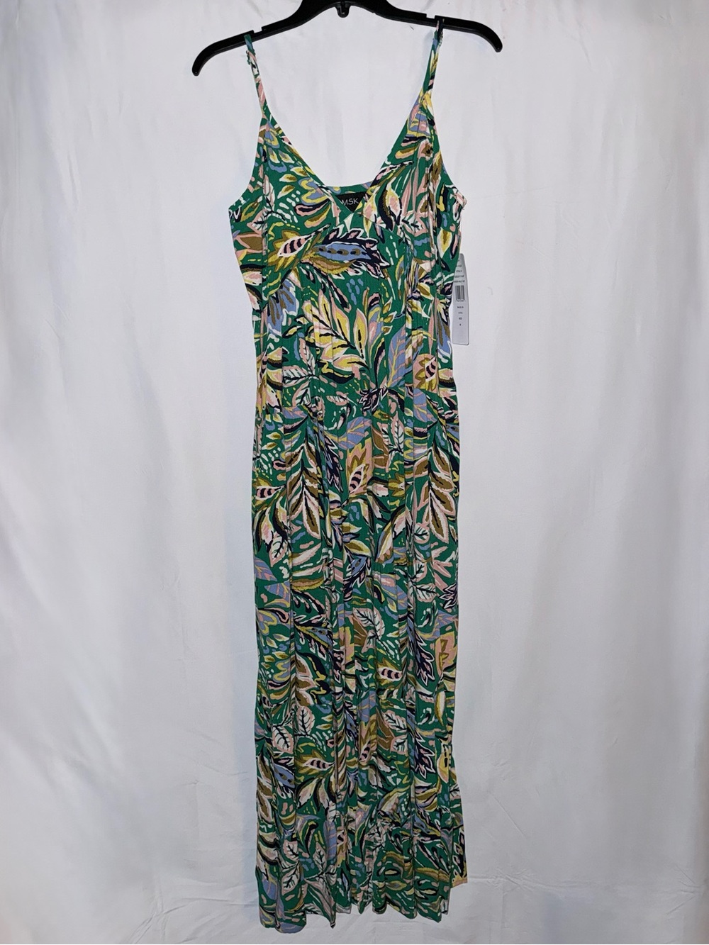 NWT MSK Green Multicolor Leaf Print Spaghetti Strap Maxi Dress Size Medium
